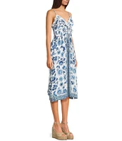 Angie Allover Floral Print V-Neck Crochet Trim Tie Front Midi Dress