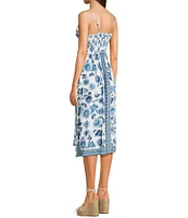 Angie Allover Floral Print V-Neck Crochet Trim Tie Front Midi Dress