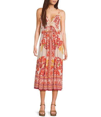 Angie Placed Floral V-Neck Crochet Trim Tie Front Midi Dress