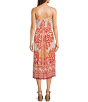 Angie Placed Floral V-Neck Crochet Trim Tie Front Midi Dress