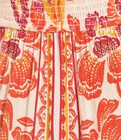 Angie Placed Floral V-Neck Crochet Trim Tie Front Midi Dress