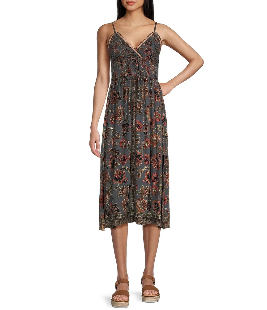 Angie Allover Floral Print V-Neck Crochet Trim Tie Front Midi Dress