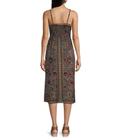 Angie Allover Floral Print V-Neck Crochet Trim Tie Front Midi Dress