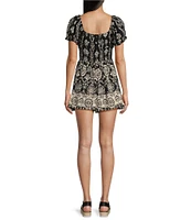 Angie Printed V-Neck Short Sleeve Tie Front Romper