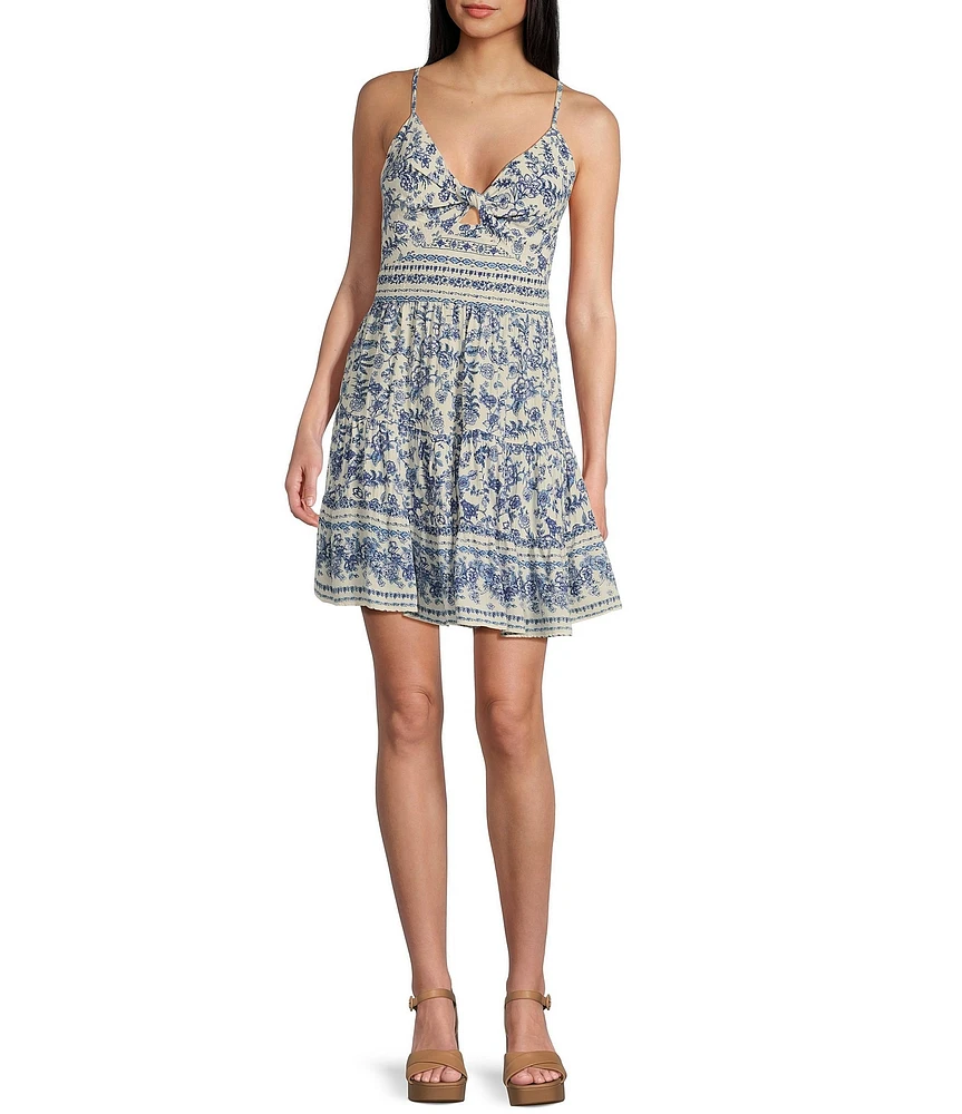 Angie Floral Printed V-Neck Spaghetti Strap Twist Front Keyhole Tiered Dress