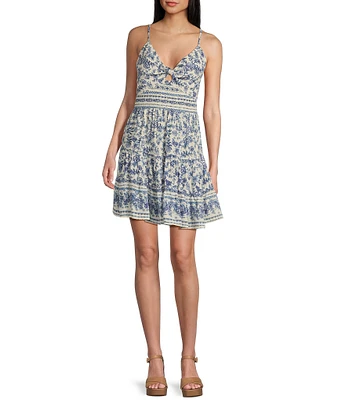 Angie Floral Printed V-Neck Spaghetti Strap Twist Front Keyhole Tiered Dress