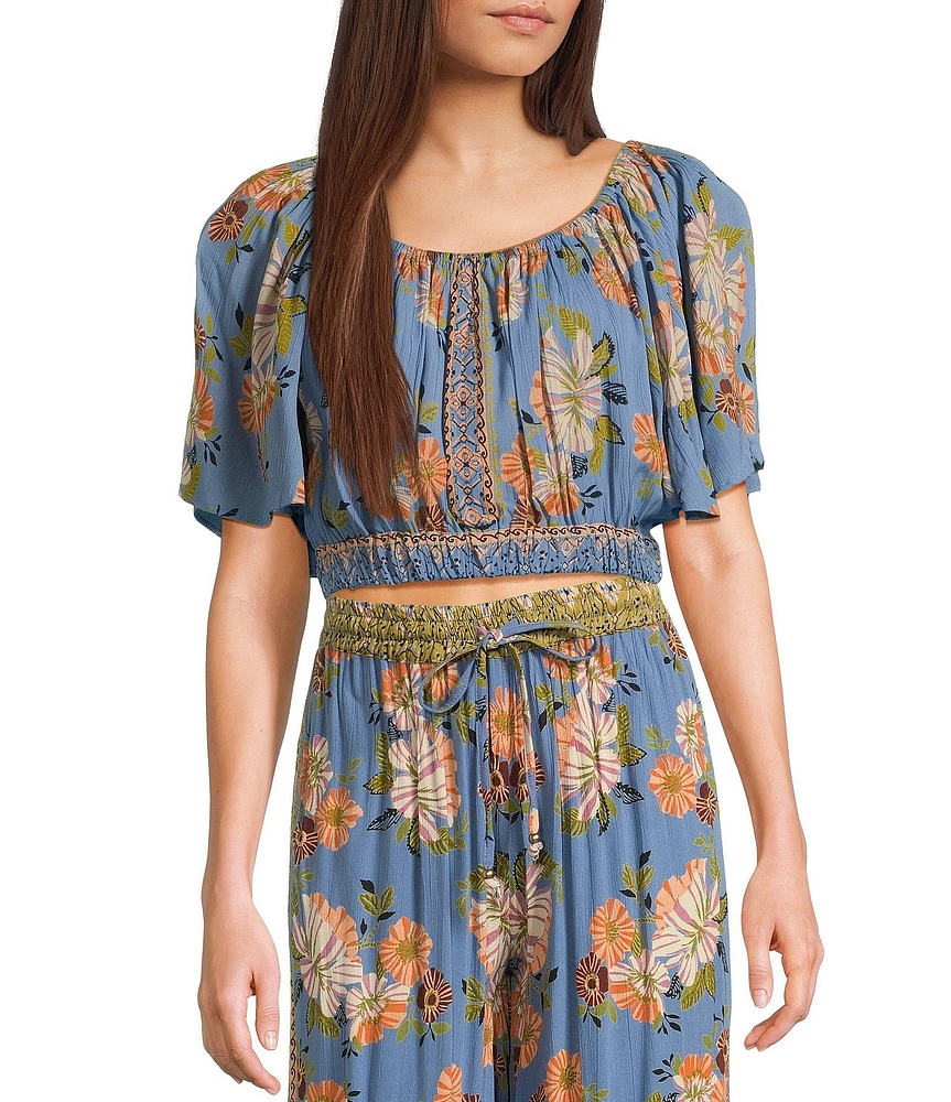 Angie Scoop Floral Print Neck Flutter Sleeve Coordinating Crop Top