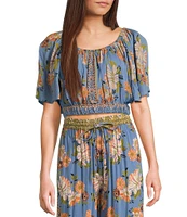 Angie Scoop Floral Print Neck Flutter Sleeve Coordinating Crop Top