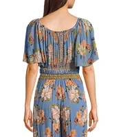 Angie Scoop Floral Print Neck Flutter Sleeve Coordinating Crop Top