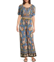 Angie Scoop Floral Print Neck Flutter Sleeve Coordinating Crop Top