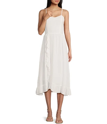 Angie Scoop Neck Spaghetti Strap Racer Back Ruffle Front Midi Dress