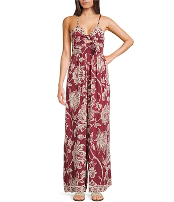 Angie Sleeveless Border Print Keyhole Knot Front Wide Leg Jumpsuit