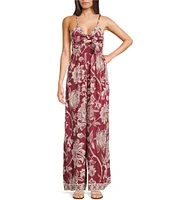 Angie Sleeveless Border Print Keyhole Knot Front Wide Leg Jumpsuit