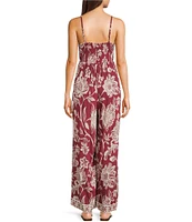 Angie Sleeveless Border Print Keyhole Knot Front Wide Leg Jumpsuit