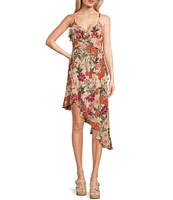 Angie Sleeveless Floral Print Rosette Trim Bodice Asymmetrical Hem Dress