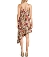 Angie Sleeveless Floral Print Rosette Trim Bodice Asymmetrical Hem Dress