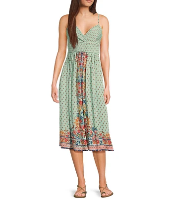 Angie Sleeveless Spaghetti Strap Surplus Crochet Trim Tie Front Border Print Midi Dress