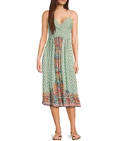 Angie Sleeveless Spaghetti Strap Surplus Crochet Trim Tie Front Border Print Midi Dress