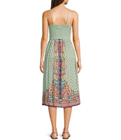 Angie Sleeveless Spaghetti Strap Surplus Crochet Trim Tie Front Border Print Midi Dress