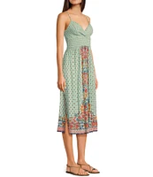 Angie Sleeveless Spaghetti Strap Surplus Crochet Trim Tie Front Border Print Midi Dress