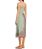 Angie Sleeveless Spaghetti Strap Surplus Crochet Trim Tie Front Border Print Midi Dress