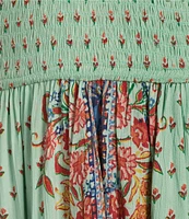 Angie Sleeveless Spaghetti Strap Surplus Crochet Trim Tie Front Border Print Midi Dress