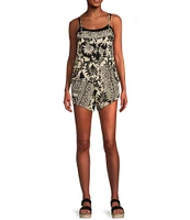 Angie Sleeveless Spaghetti Strap Tropical Patch Printed Romper