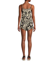 Angie Sleeveless Spaghetti Strap Tropical Patch Printed Romper