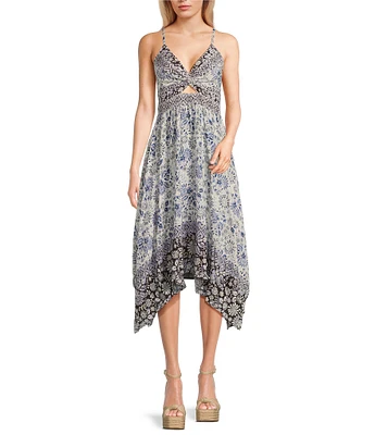 Angie Sleeveless Spaghetti Strap V-Neck Twist Front Keyhole Floral Midi Dress