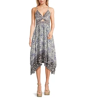 Angie Sleeveless Spaghetti Strap V-Neck Twist Front Keyhole Floral Midi Dress