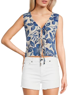 Angie Sleeveless V-Neck Floral Print Triple Tie Top