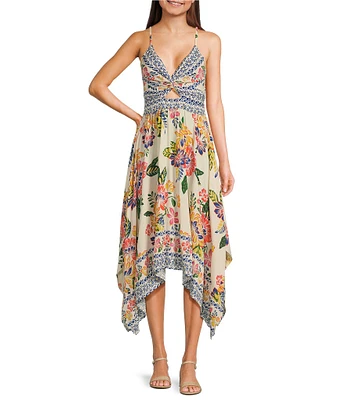 Angie Sleeveless V-Neck Keyhole Twist Front Tropical Maxi Dress