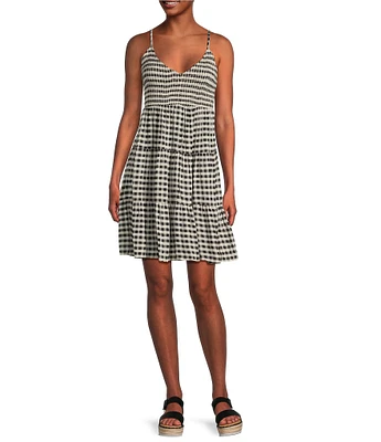 Angie Sleeveless V-Neck Smocked Bodice Gingham Tier Dress