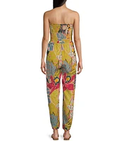 Angie Smocked Strapless Split Tropical Floral Jumpsuit