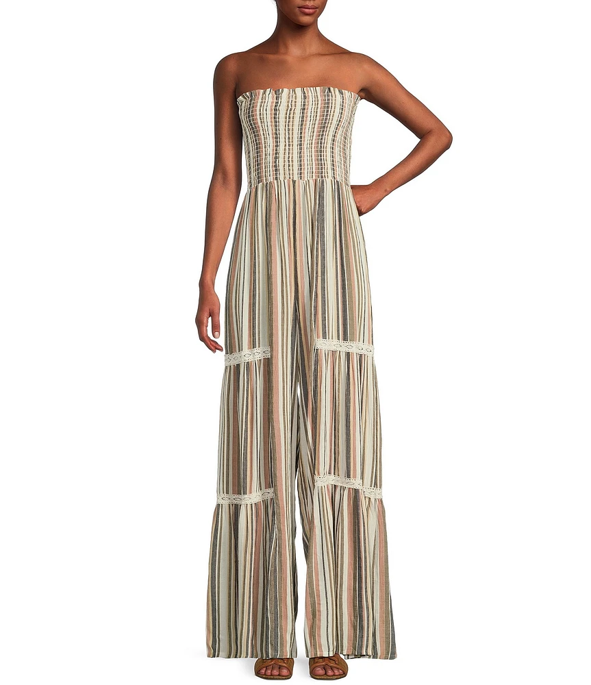 Angie Strapless Smocked Tube Crochet Trim Stripe Jumpsuit