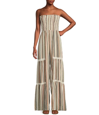 Angie Strapless Smocked Tube Crochet Trim Stripe Jumpsuit