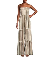 Angie Strapless Smocked Tube Crochet Trim Stripe Jumpsuit