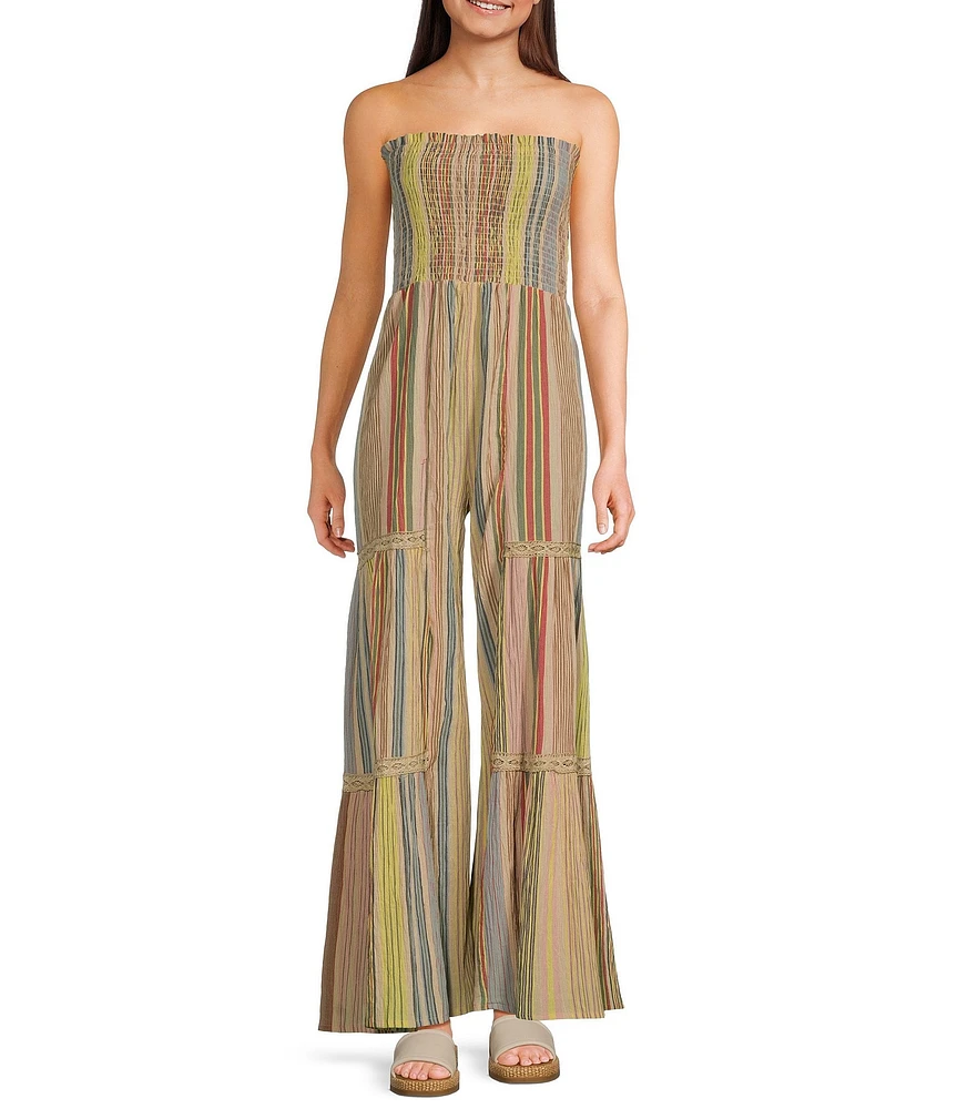 Angie Strapless Smocked Tube Crocket Trim Stripe Jumpsuit