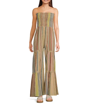 Angie Strapless Smocked Tube Crocket Trim Stripe Jumpsuit