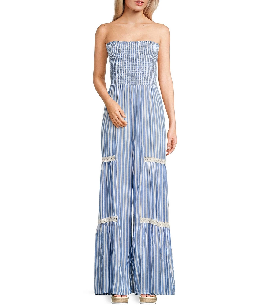 Angie Strapless Smocked Tube Stripe Crochet Trim Jumpsuit
