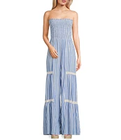 Angie Strapless Smocked Tube Stripe Crochet Trim Jumpsuit