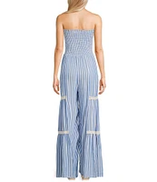 Angie Strapless Smocked Tube Stripe Crochet Trim Jumpsuit