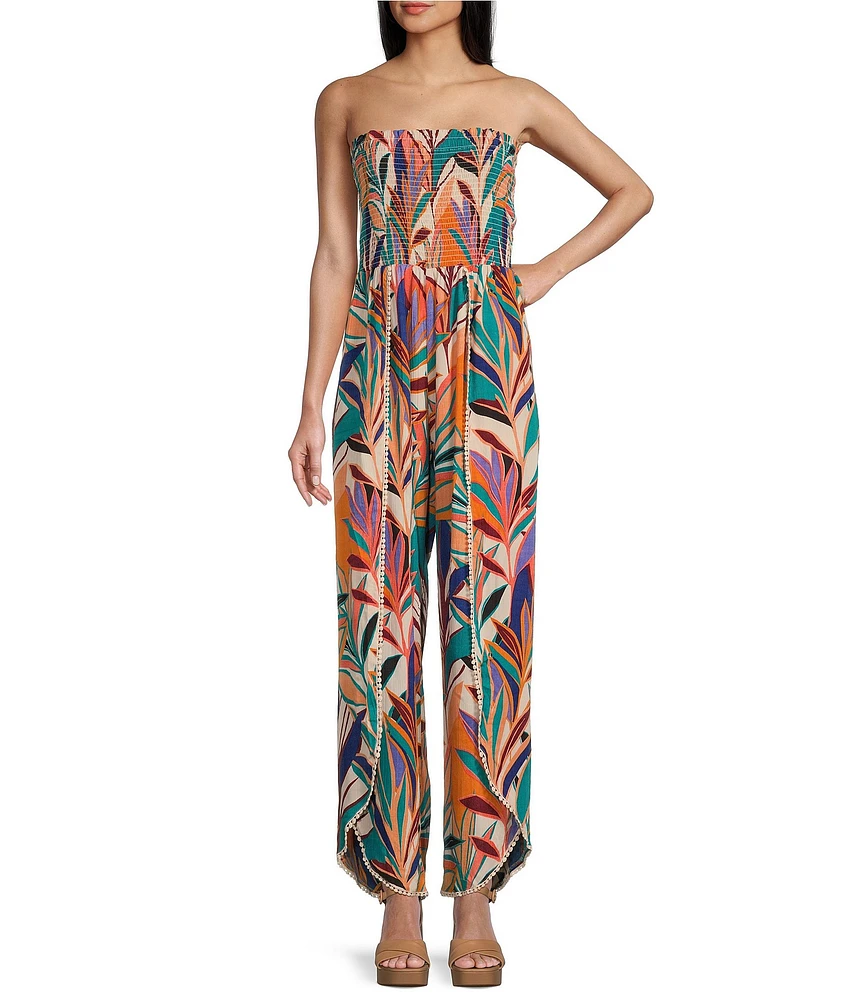 Angie Tropical Print Strapless Smocked Bodice Slit Leg Jumpsuit