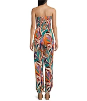 Angie Tropical Print Strapless Smocked Bodice Slit Leg Jumpsuit