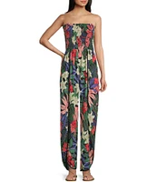 Angie Tropical Print Strapless Smocked Bodice Split Leg Jumpsuit
