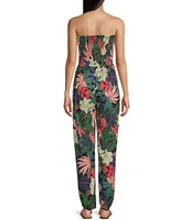 Angie Tropical Print Strapless Smocked Bodice Split Leg Jumpsuit