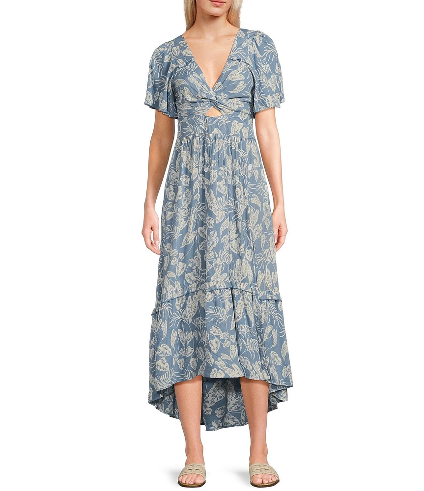 Angie Tropical Print V-Neck Short Sleeves Knot Front Keyhole High-Low Midi Dress