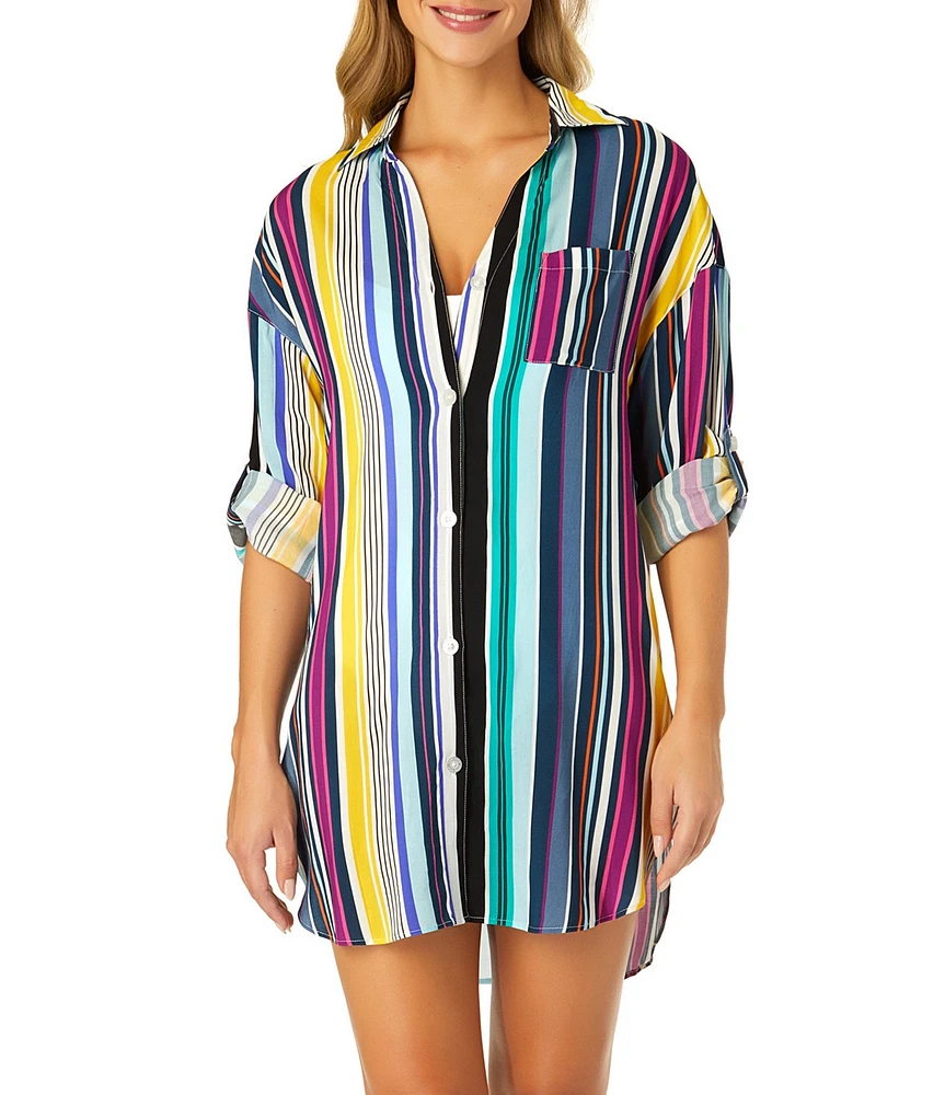 Anne Cole Barcode Multi Color Stripe Point Collar Roll-Tab Button Front Shirt Dress Swim Cover-Up
