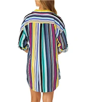Anne Cole Barcode Multi Color Stripe Point Collar Roll-Tab Button Front Shirt Dress Swim Cover-Up