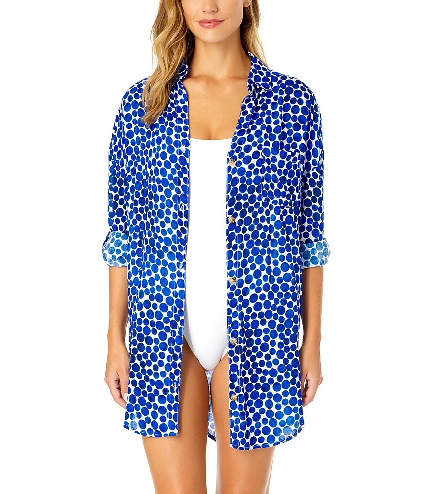 Anne Cole Denim Dotted Boyfriend Point Collar Button Front Swim Cover-Up Shirt